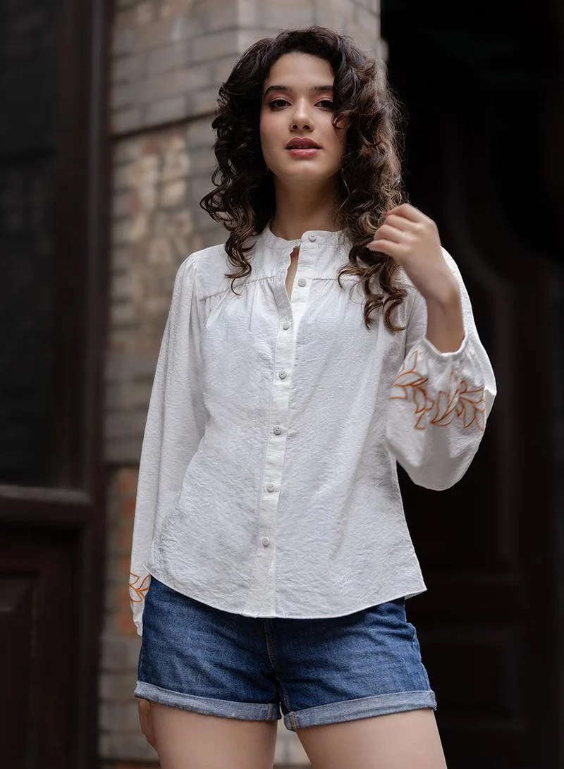 Zigzag  Mandarin Collar Sleeve Embroidered Long Sleeve Top for Women | Best Price UAE
