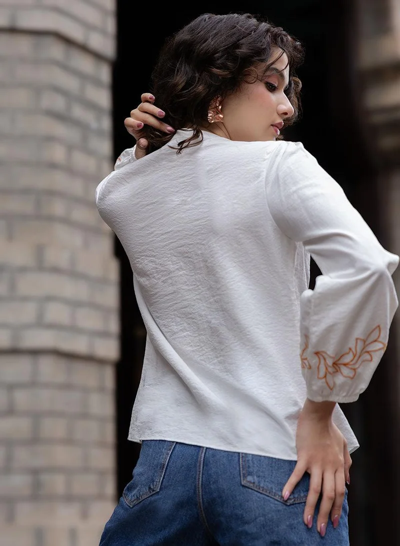 Zigzag  Mandarin Collar Sleeve Embroidered Long Sleeve Top for Women | Best Price UAE