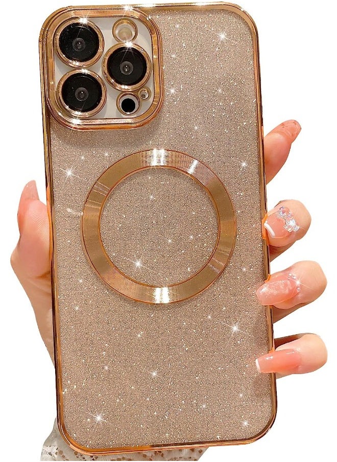 Generic iPhone 15 Pro Max Case with Camera Lens Protector, Glitter Protective Case Compatible with Wireless Charging, Bling Plating Shockproof Protective Cover iPhone 15 Pro Max Case for Women Men - Gold  - Image 1