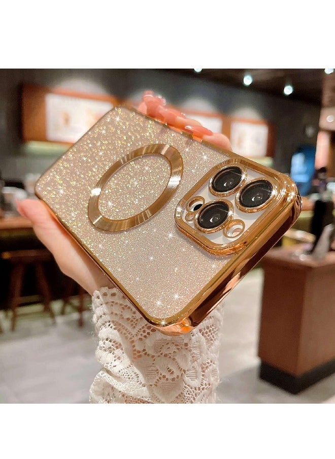 Generic iPhone 15 Pro Max Case with Camera Lens Protector, Glitter Protective Case Compatible with Wireless Charging, Bling Plating Shockproof Protective Cover iPhone 15 Pro Max Case for Women Men - Gold  - Image 3