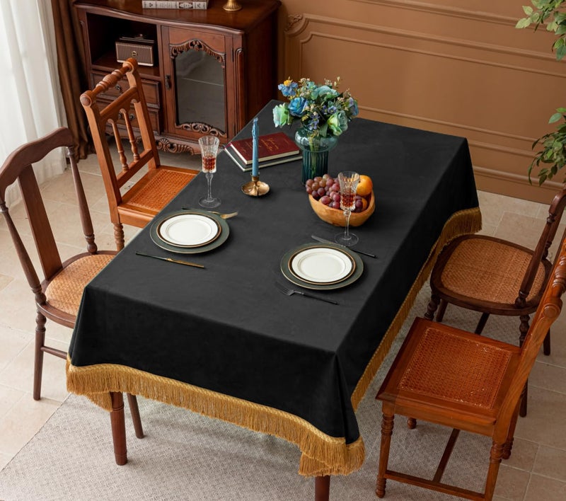 F-CHU Luxury Black Tablecloth Thickset Velvet Tablecloth with Beautiful Gold Tassels Table Cloth for Home Decor Wedding, Party, Banquet and Events 60x86-Inch - Image 2