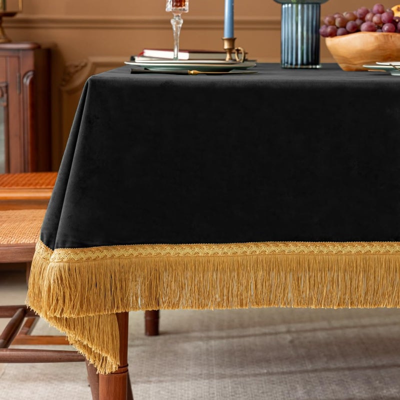 F-CHU Luxury Black Tablecloth Thickset Velvet Tablecloth with Beautiful Gold Tassels Table Cloth for Home Decor Wedding, Party, Banquet and Events 60x86-Inch - Image 1