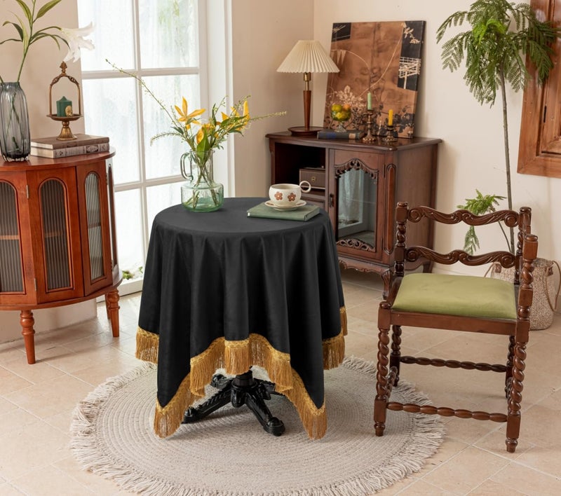 F-CHU Luxury Black Tablecloth Thickset Velvet Tablecloth with Beautiful Gold Tassels Table Cloth for Home Decor Wedding, Party, Banquet and Events 60x86-Inch - Image 5