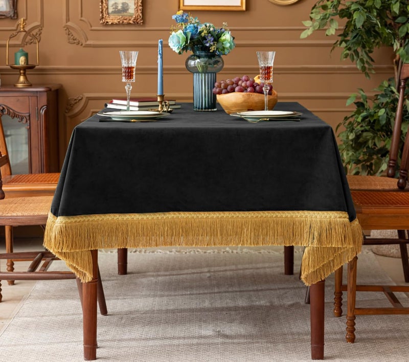 F-CHU Luxury Black Tablecloth Thickset Velvet Tablecloth with Beautiful Gold Tassels Table Cloth for Home Decor Wedding, Party, Banquet and Events 60x86-Inch - Image 3