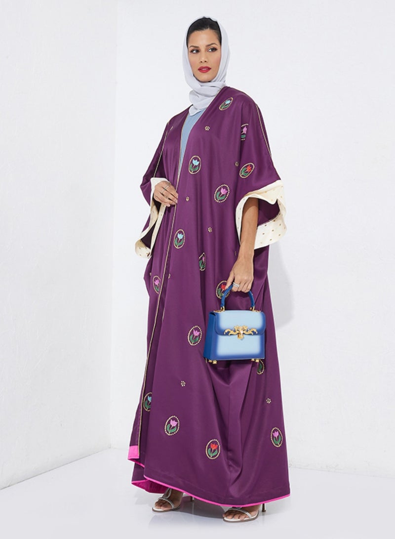 روزيت عباية بشت أرجواني مع تصميم زهور بألوان مختلفة - Image 3