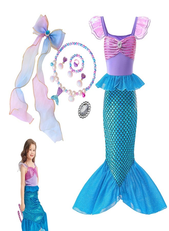 PATPAT® Mermaid Costume Kids,Mermaid Dress for Girls,with Matching Jewelry & Hair Clip Dress kit Princess Costumes Fancy for Christmas Birthday Party and Birthday Party-Purple-6Years-7Years. - Image 1