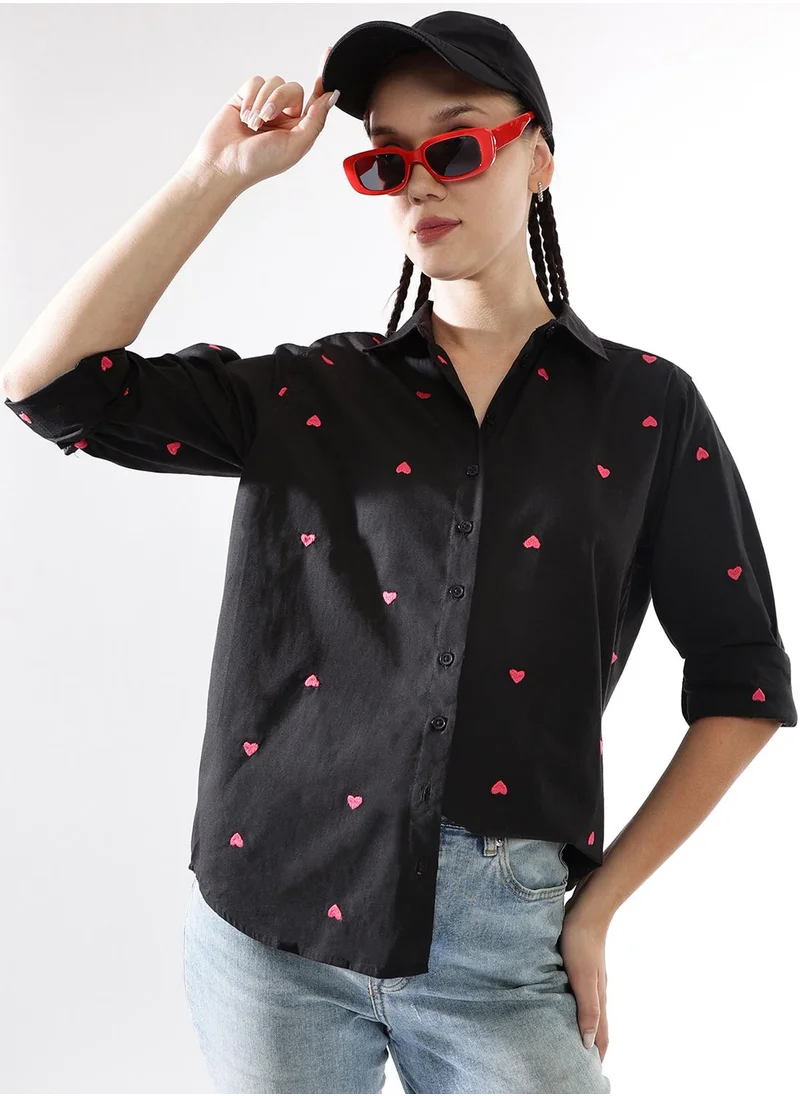 هوبرهولمي Women Oversized Spread Collar Regular Sleeves Embroidered Shirts