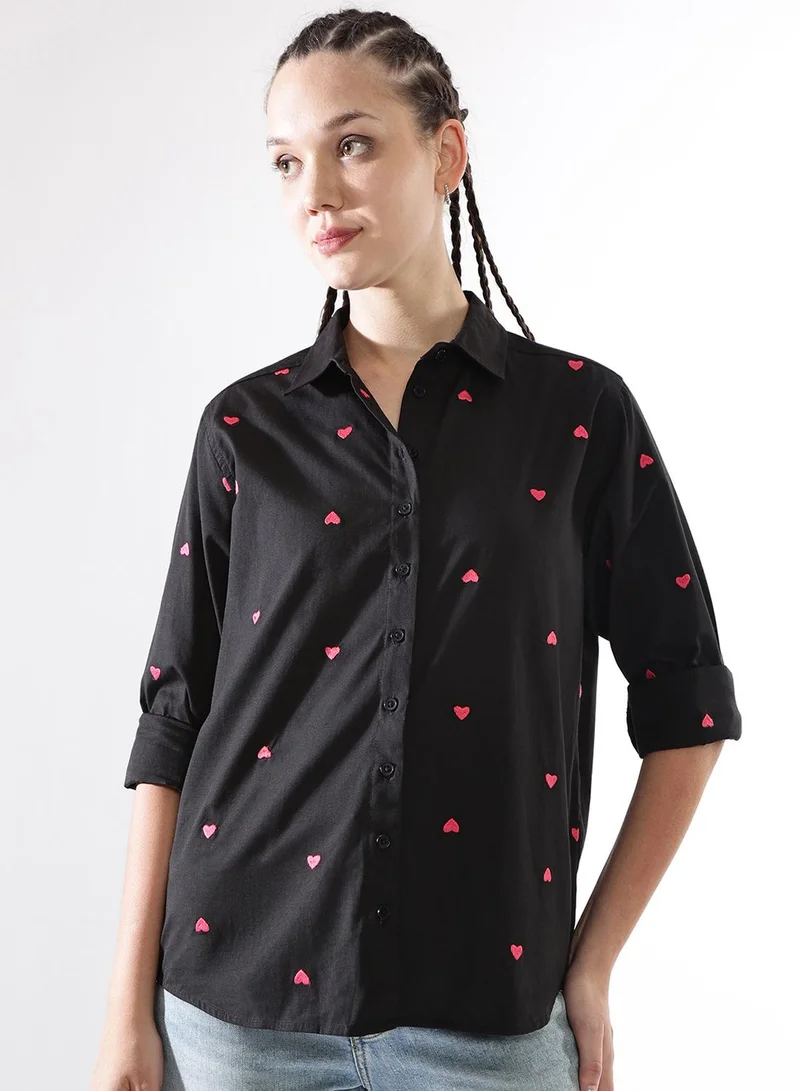 Hubberholme Women Comfort Heart Shape Oversized Embroidered Casual Shirt