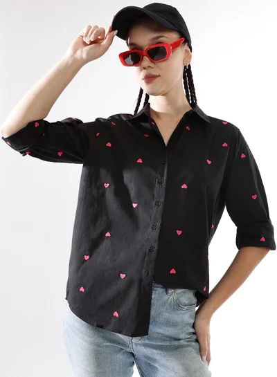هوبرهولمي Women Comfort Heart Shape Oversized Embroidered Casual Shirt