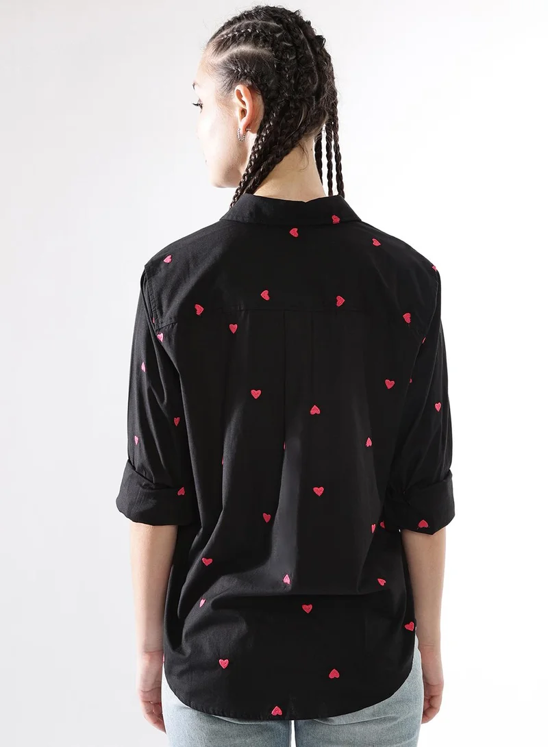 Hubberholme Women Comfort Heart Shape Oversized Embroidered Casual Shirt