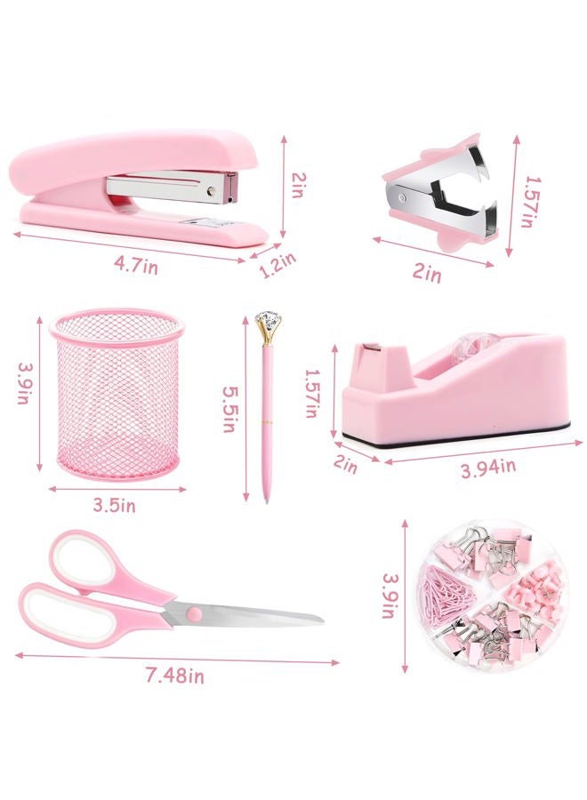Famassi Pink Office Supplies, Pink Desk Accessories, Stapler, Staple Remover, Tape Holder, Pen Holder, Ballpoint Pen, Scissor, Binder Clips, Paper Clips and 1000pcs Staples. - Image 2