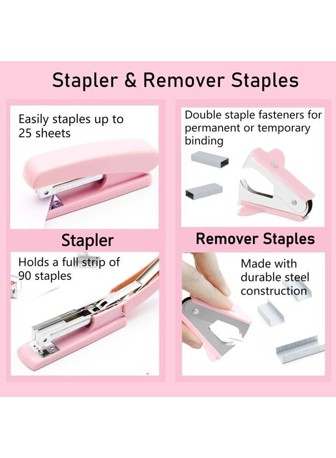 Famassi Pink Office Supplies, Pink Desk Accessories, Stapler, Staple Remover, Tape Holder, Pen Holder, Ballpoint Pen, Scissor, Binder Clips, Paper Clips and 1000pcs Staples. - Image 3