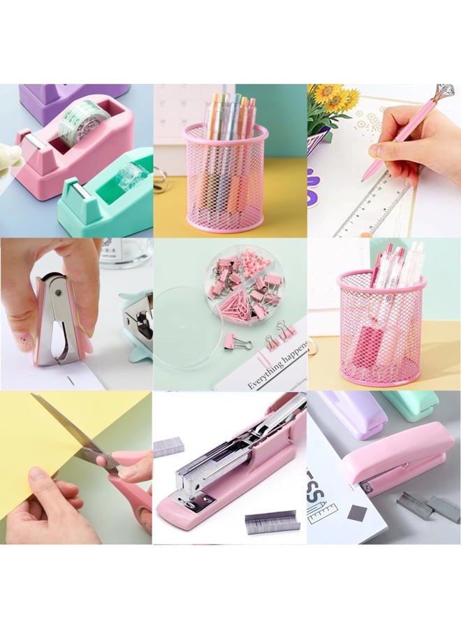 Famassi Pink Office Supplies, Pink Desk Accessories, Stapler, Staple Remover, Tape Holder, Pen Holder, Ballpoint Pen, Scissor, Binder Clips, Paper Clips and 1000pcs Staples. - Image 5