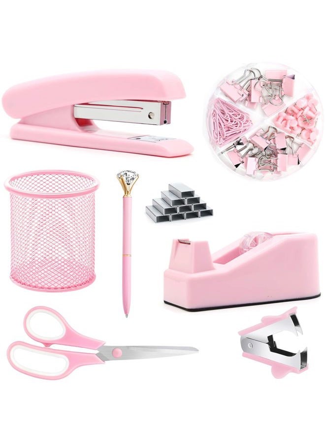 Famassi Pink Office Supplies, Pink Desk Accessories, Stapler, Staple Remover, Tape Holder, Pen Holder, Ballpoint Pen, Scissor, Binder Clips, Paper Clips and 1000pcs Staples. - Image 1