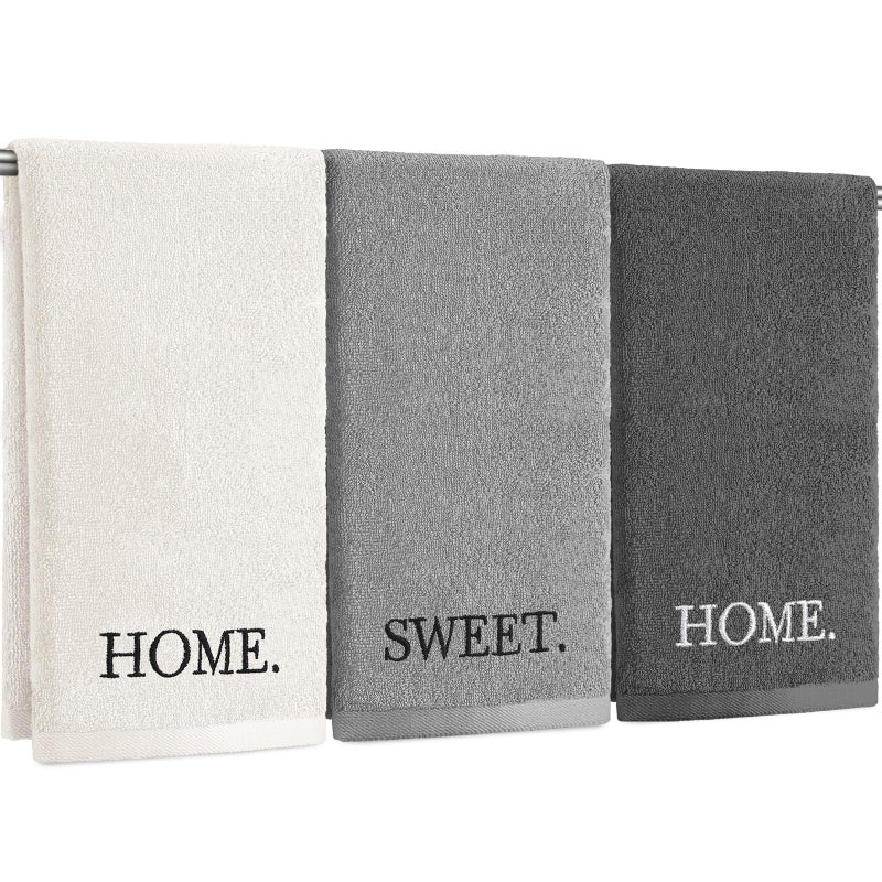 FuWeave مجموعة مناشف يد مزخرفة من 3 قطع من FuWeave، بتصميم ريفي مطرز، مصنوعة من القطن بنسبة 100%، مناسبة للحمام والمطبخ، مثالية لديكور الحمام البوهيمي (رمادي، بيتي الحبيب). - Image 1