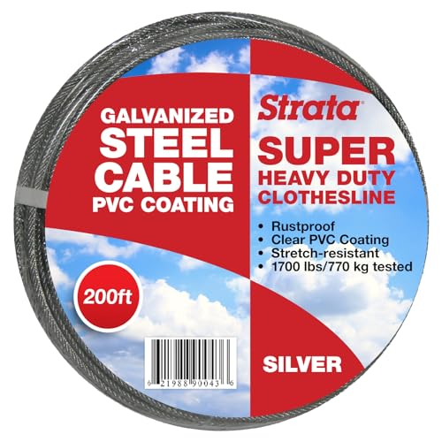 Strata 200 Feet Clothesline Outdoor Heavy Duty Galvanized Wire Steel Cable, Silver PVC Coating - Clothes Line Wires for Outside Laundry Drying - Image 1