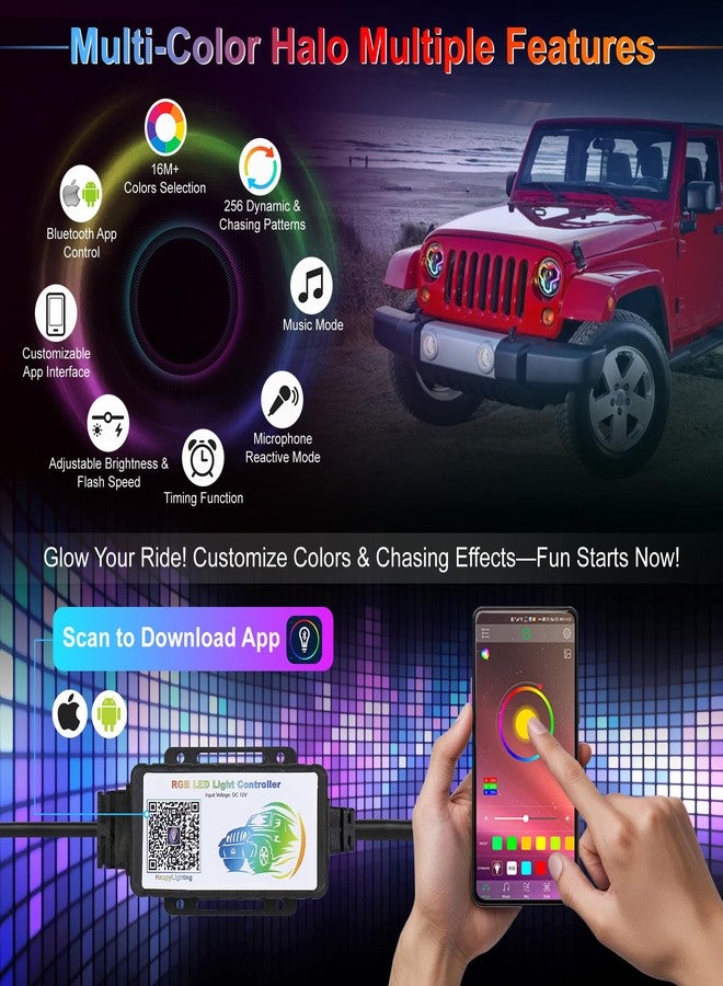 POVTOR مصابيح أمامية LED هالوجينية من POVTOR مقاس 7 بوصات، طقم مصابيح أمامية هالوجينية متعددة الألوان شديدة السطوع بنسبة 1000% مع إشارة انعطاف وإضاءة عالية/منخفضة، متوافقة مع سيارات جيب رانجلر JK TJ LJ CJ ومازدا مياتا وشيفروليه هامر - Image 3
