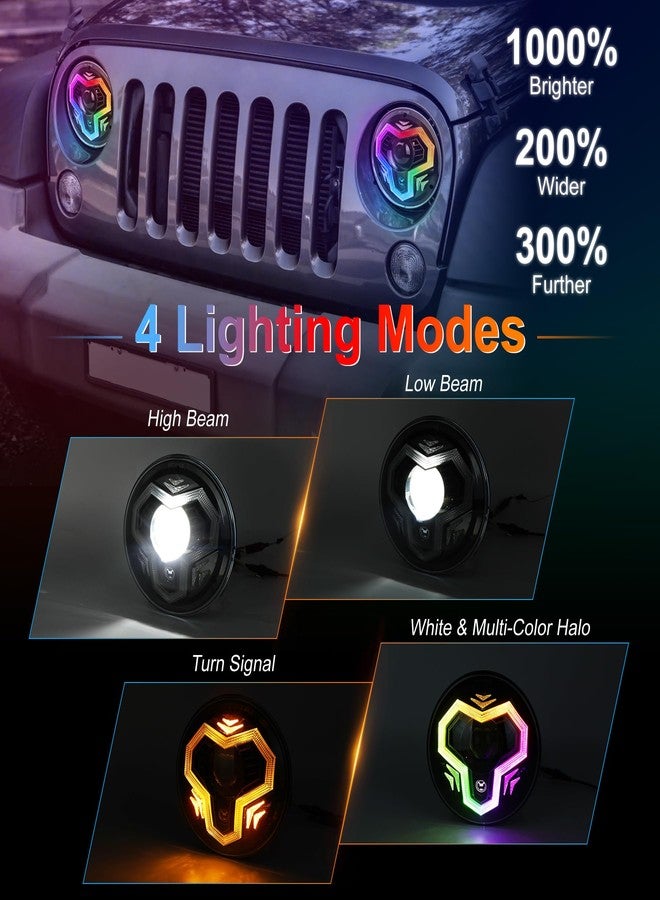POVTOR مصابيح أمامية LED هالوجينية من POVTOR مقاس 7 بوصات، طقم مصابيح أمامية هالوجينية متعددة الألوان شديدة السطوع بنسبة 1000% مع إشارة انعطاف وإضاءة عالية/منخفضة، متوافقة مع سيارات جيب رانجلر JK TJ LJ CJ ومازدا مياتا وشيفروليه هامر - Image 2