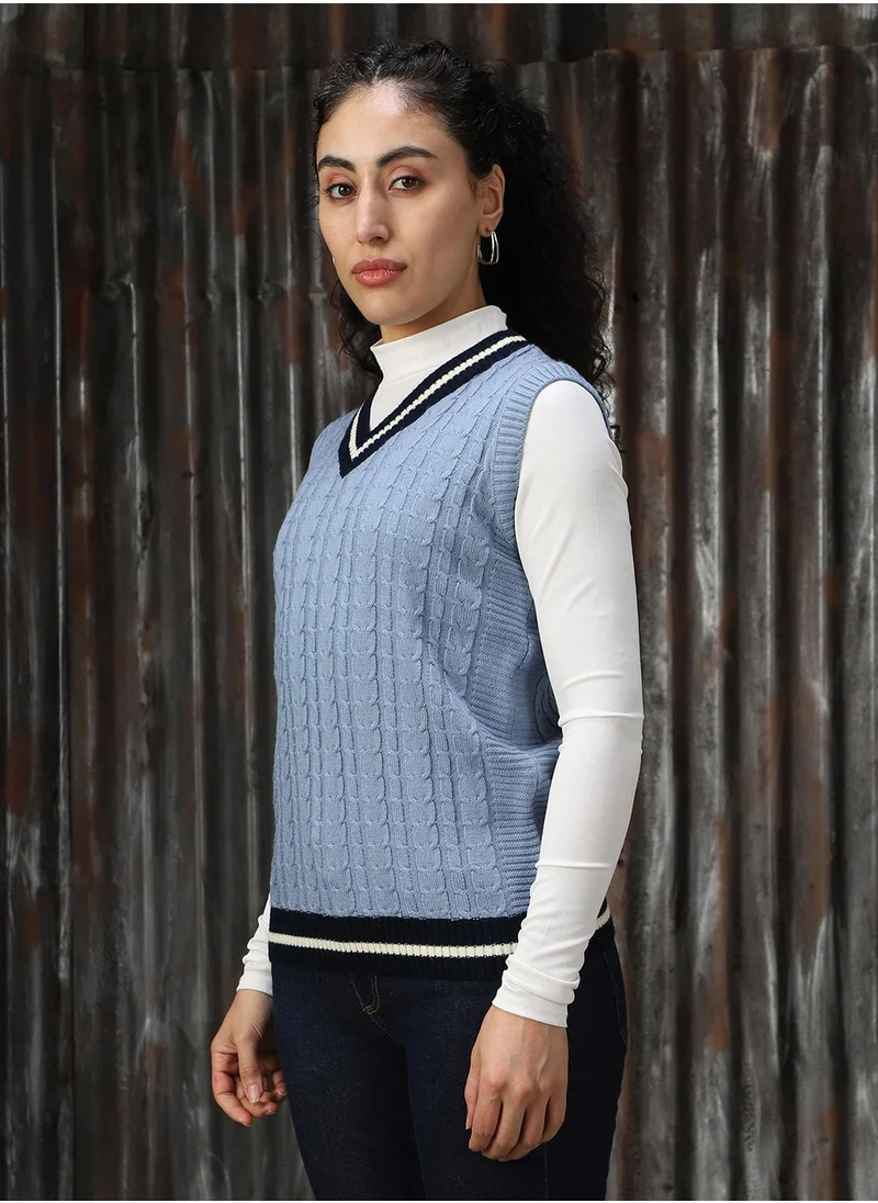 هاي ستار Women's Blue 100% Acrylic Solid Sweater