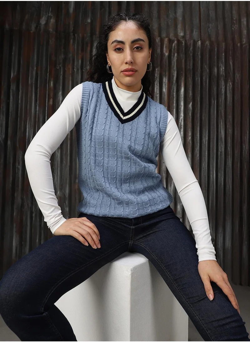هاي ستار Women's Blue 100% Acrylic Solid Sweater
