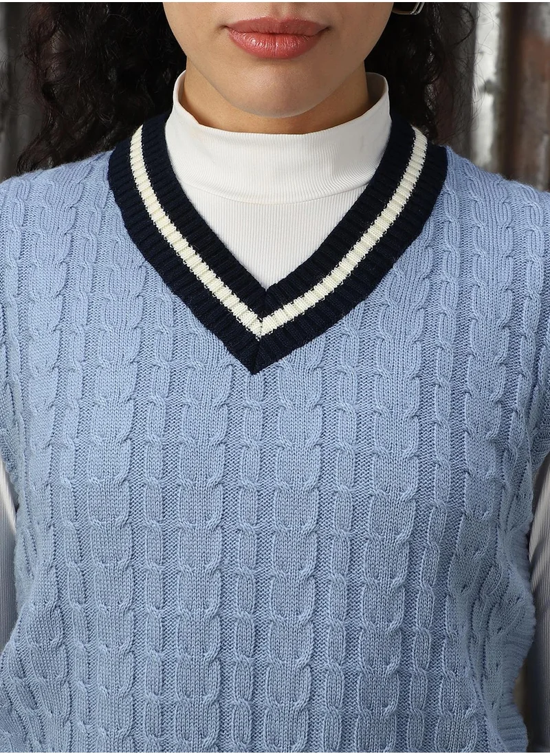 هاي ستار Women's Blue 100% Acrylic Solid Sweater