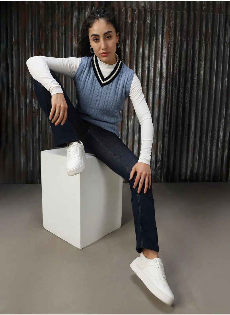 هاي ستار Women's Blue 100% Acrylic Solid Sweater