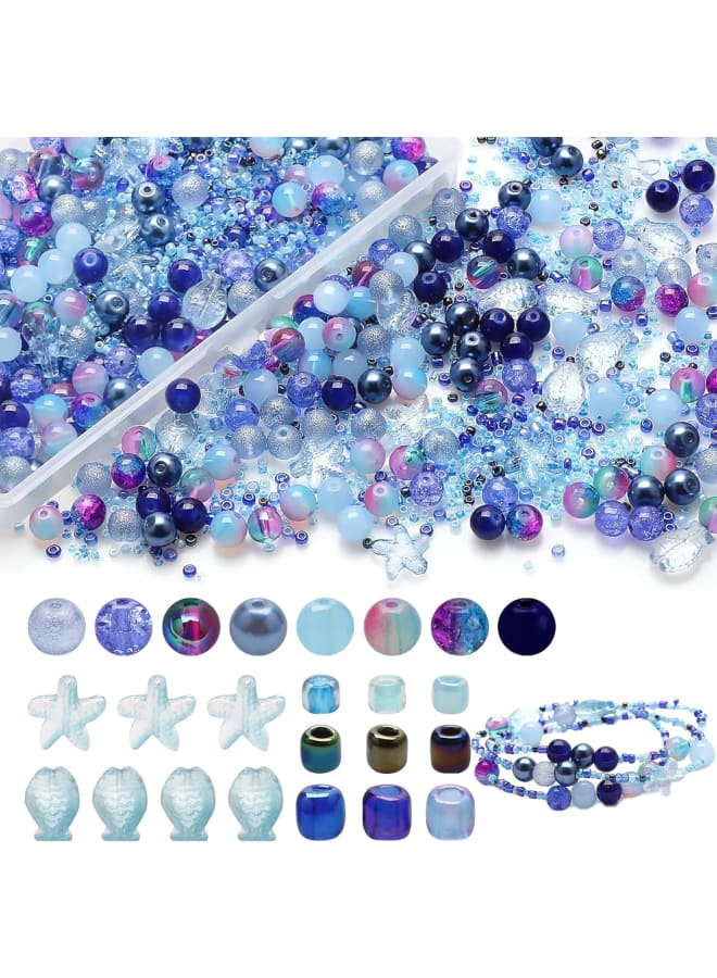 Glass Beads for Bracelet Making Colorful Glass Crystal Beads for Jewellery Making Kit DIY Bracelet Making Set Spacer Beads 8MM Brown Assorted Round Beads Ocean Starfish Crystal Seed Beads (Blue)  - Image 1