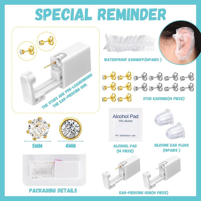 Kenning 14 Set Ear Piercing Kit Disposable Ear Cartilage Piercing Gun Kit with Studs Includes 14 Self Piercings Gun 14 Earrings Stud Hoop Earrings 14 Cleaning Pads (Diamond Style) - Image 2