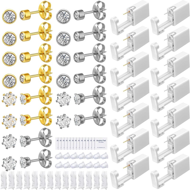 Kenning 14 Set Ear Piercing Kit Disposable Ear Cartilage Piercing Gun Kit with Studs Includes 14 Self Piercings Gun 14 Earrings Stud Hoop Earrings 14 Cleaning Pads (Diamond Style) - Image 1