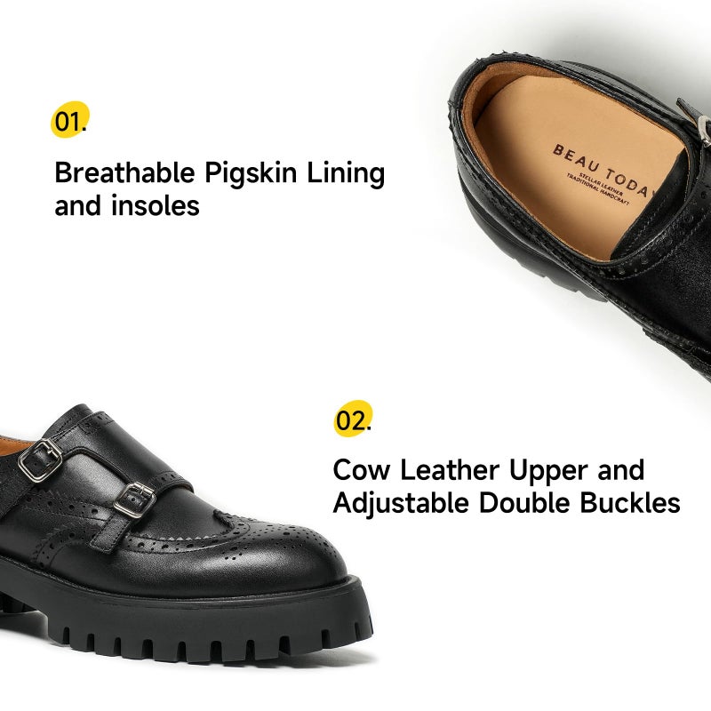 BEAU TODAY Chunky Loafers for Women, Womenâ€™s Leather Platform Loafers, Lug Sole Tassel Slip On Loafers Shoes Brogues Wingtip Casual Business Shoes Comfortable Dressy Black US 7 - Image 4