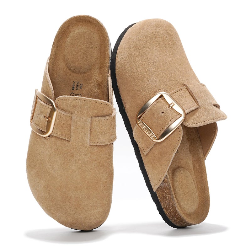 Project Cloud Genuine Leather Clogs for Women Shoes - Memory Foam Insole, Non-Slip & Natural Cork Footbed Arch Support Big Buckle Womens Clogs and Mules for Women Footwear(Manchester, BEIG, 8.5) - Image 5