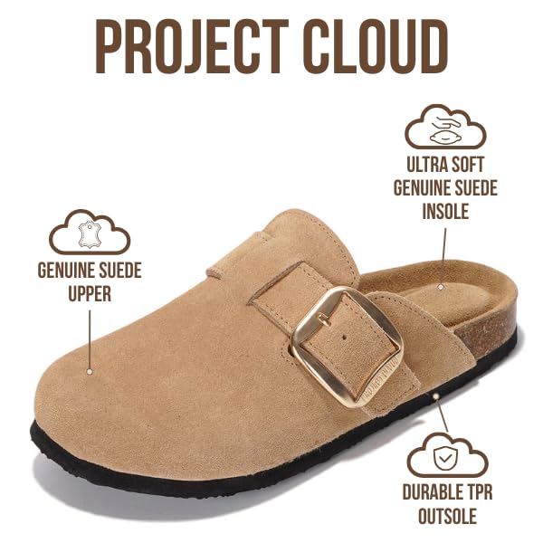 Project Cloud Genuine Leather Clogs for Women Shoes - Memory Foam Insole, Non-Slip & Natural Cork Footbed Arch Support Big Buckle Womens Clogs and Mules for Women Footwear(Manchester, BEIG, 8.5) - Image 2