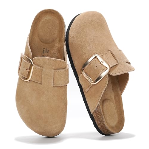 Project Cloud Genuine Leather Clogs for Women Shoes - Memory Foam Insole, Non-Slip & Natural Cork Footbed Arch Support Big Buckle Womens Clogs and Mules for Women Footwear(Manchester, BEIG, 8.5) - Image 1