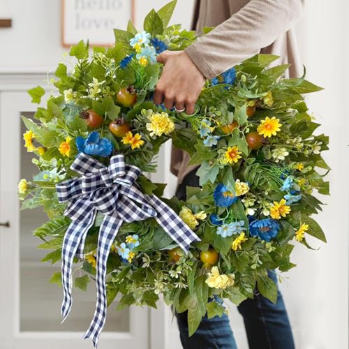 WANNA-CUL 24 Inch Year Round Spring Summer Wreaths for Front Door, Blue Yellow Floral Door Wreath with Pomegranates Daisy - All Season Decorative Wedding Wall Wreath Indoor Outdoor Farmhouse Decor - Image 4