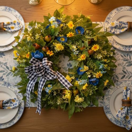 WANNA-CUL 24 Inch Year Round Spring Summer Wreaths for Front Door, Blue Yellow Floral Door Wreath with Pomegranates Daisy - All Season Decorative Wedding Wall Wreath Indoor Outdoor Farmhouse Decor - Image 3