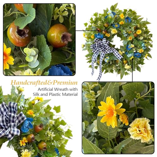 WANNA-CUL 24 Inch Year Round Spring Summer Wreaths for Front Door, Blue Yellow Floral Door Wreath with Pomegranates Daisy - All Season Decorative Wedding Wall Wreath Indoor Outdoor Farmhouse Decor - Image 5