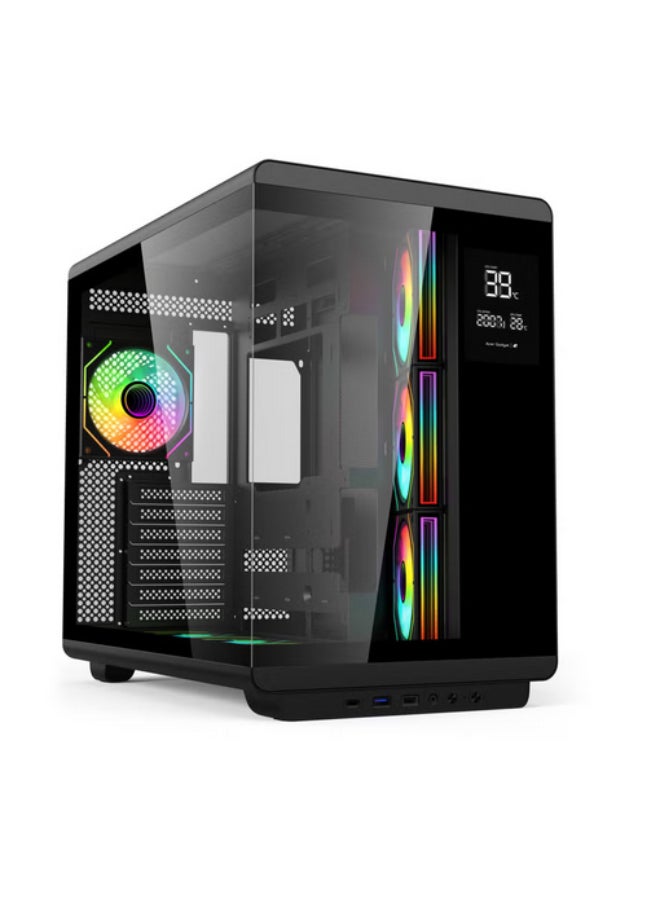 أيسر كيس كمبيوتر U600، كيس كمبيوتر ATX، لوح جانبي من الزجاج المقسّى، شاشة عرض درجة الحرارة، 7 مراوح RGB مثبتة مسبقًا مع ريموت كنترول، هيكل فولاذ SPCC، 3 منافذ USB، كيس ألعاب أسود - Image 1