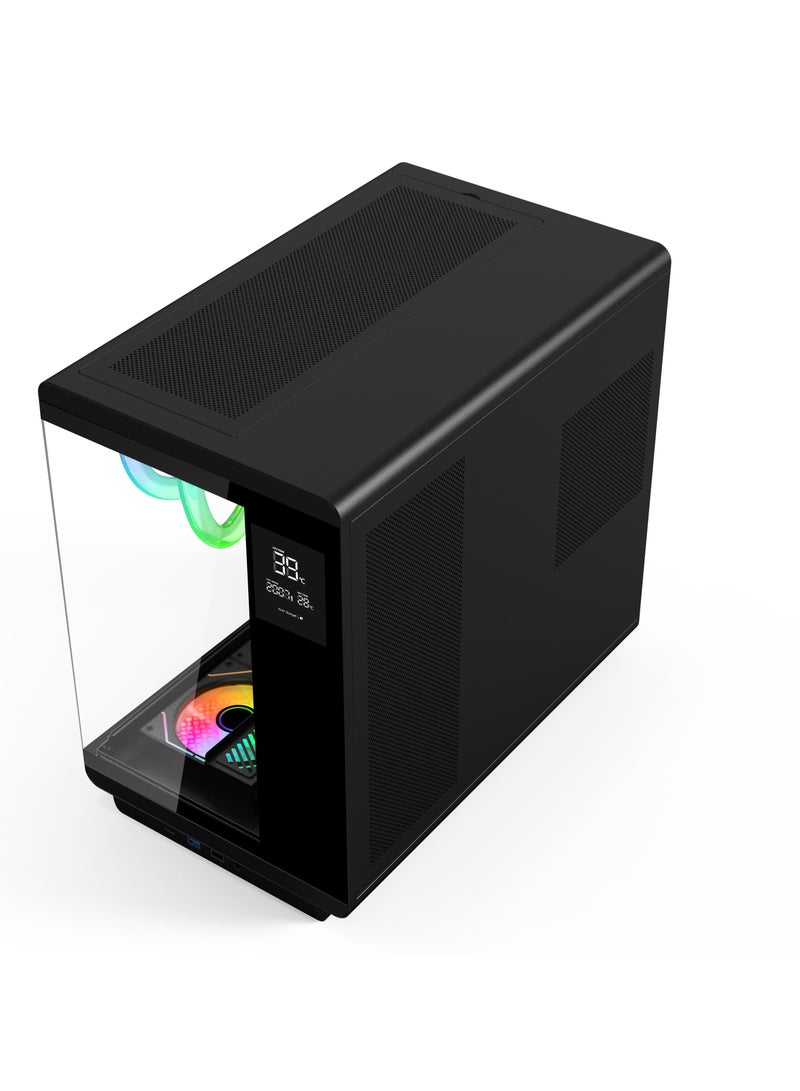 أيسر كيس كمبيوتر U600، كيس كمبيوتر ATX، لوح جانبي من الزجاج المقسّى، شاشة عرض درجة الحرارة، 7 مراوح RGB مثبتة مسبقًا مع ريموت كنترول، هيكل فولاذ SPCC، 3 منافذ USB، كيس ألعاب أسود - Image 3