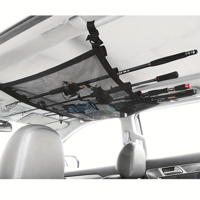 1pc Suv Ceiling Storage Net With Fishing Rod Holder Durable Polyester Mesh Organizer For Car Roof Rack Holds Multiple Rods Gear Travel Fishing Accessories - Image 1