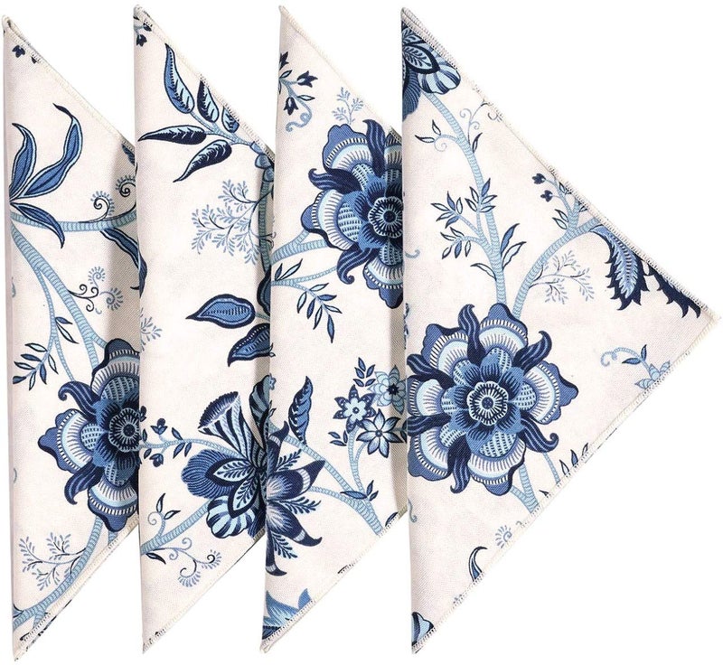Decorative Things مجموعة مناديل قماشية مزخرفة، 4 قطع، مناديل قطنية، مائدة عشاء، 18 بوصة، ديكور طاولة زفاف في الفناء الخلفي أو الشاطئ أو حفل حمام السباحة، أزرق، أبيض كريمي، صنع في الولايات المتحدة الأمريكية - Image 1