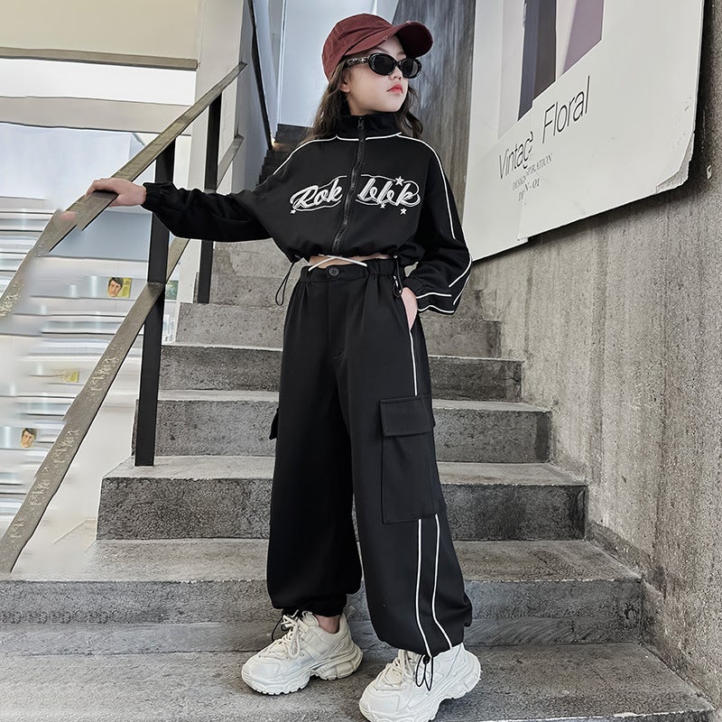Street Dance Kidsrens Trendy Clothing Girls Jazz Dance Suit Autum Street Little Girl Sportswear Overalls Two-Piece Set Black suit