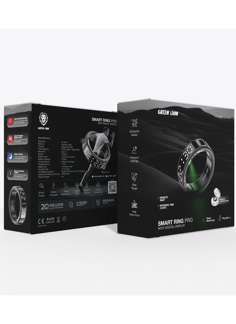 GREEN LION - Smart Ring Pro with Digital Display & Magnetic Charging Case / Size 11-20.6mm / Remote Snap / Calories Calculation / 128 Sports Modes / Personal Settings / Heart Rate Monitoring - Black - Image 1