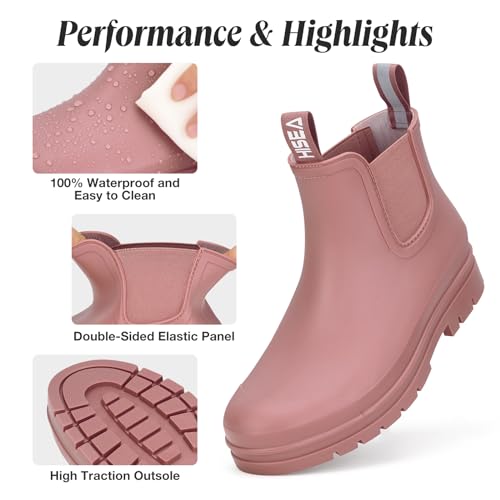 HISEA Women's Short Rain Boots Fashion Waterproof Chelsea Boots Ankle Garden Shoes for Ladies Non Slip Outdoor Work Booties Lightweight Rubber Rainboots with Comfort Insole, Size 8 Hawthorn Red - Image 2