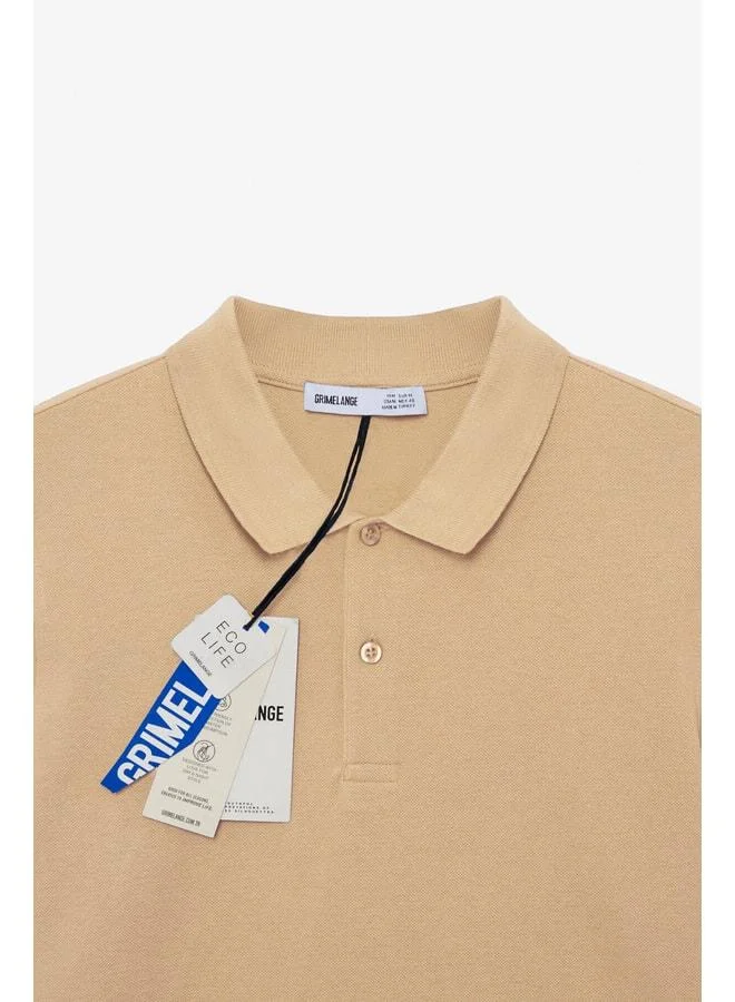Grimelange SKYLOOM Men's 100% Cotton Short Sleeve Regular Fit Beige Polo Collar T-shirt.
