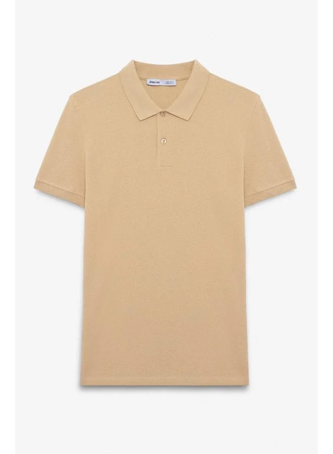 Grimelange SKYLOOM Men's 100% Cotton Short Sleeve Regular Fit Beige Polo Collar T-shirt.