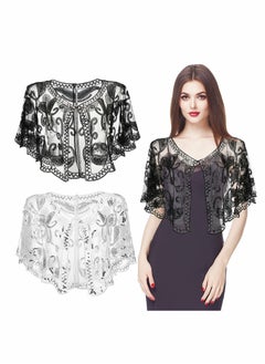 Women's 1920s Sequin Shawls, Sequin Beaded Evening Cape Bolero Flapper Cover Up Top for Evening Dresses Party 2Pcs
