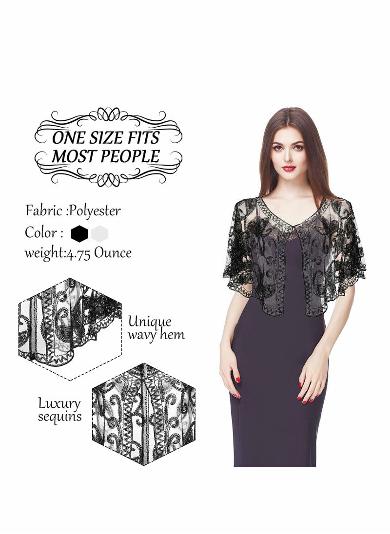 Excefore - Women's 1920s Sequin Shawls, Sequin Beaded Evening Cape Bolero Flapper Cover Up Top for Evening Dresses Party 2Pcs - Image 1