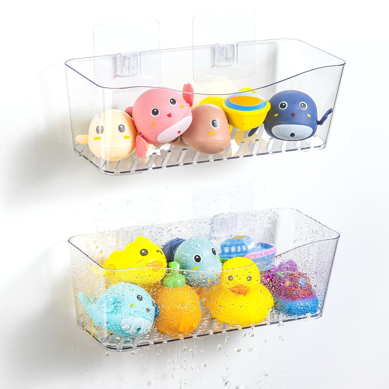 MIUKAA 2 Pack Large Bath Toy Storage Organizer, Clear Bath Toy Holder for Bathtub, Plastic Shower Toy Holder, Fast drainage, No Drilling Required, Easy to Install - Image 1