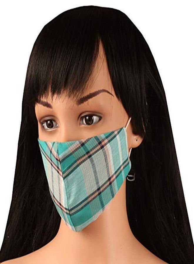 Touchstone Checked Cotton Face Masks Small Size Reusable Washable Handcrafted Double Layer for women, men. (Pack of 3). Blue Green Pink - Image 3