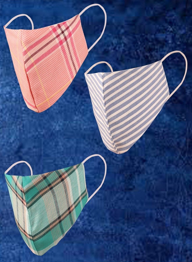 Touchstone Checked Cotton Face Masks Small Size Reusable Washable Handcrafted Double Layer for women, men. (Pack of 3). Blue Green Pink - Image 2